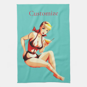 Cute Blonde Martini Bikini Girl Thunder_Cove Kitchen Towel
