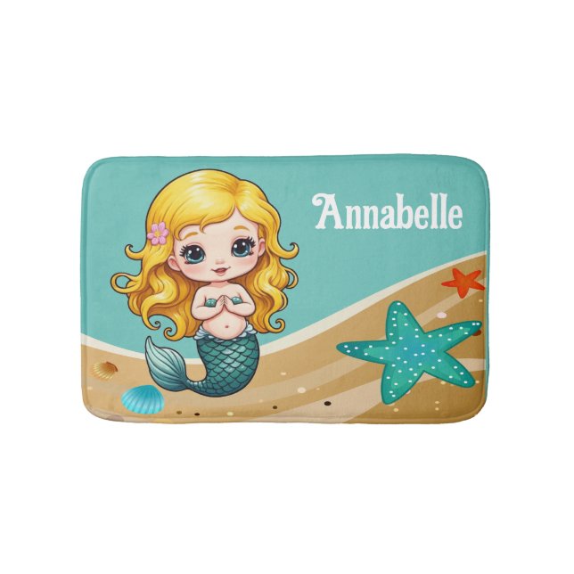 Cute Blonde Mermaid Personalize Bath Mat (Front)