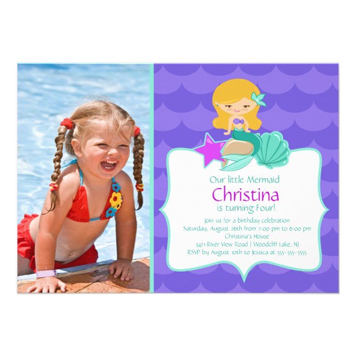 Cute Blonde Mermaid Photo Birthday Invitation