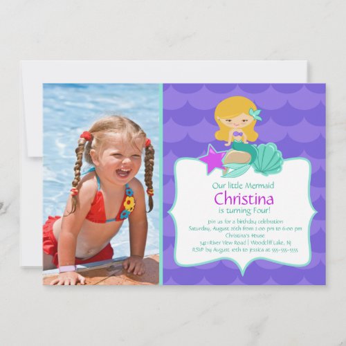Cute Blonde Mermaid Photo Birthday Invitation
