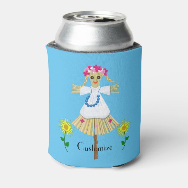 Cute Blonde Pigtails Scarecrow  Can Cooler (Can Back)