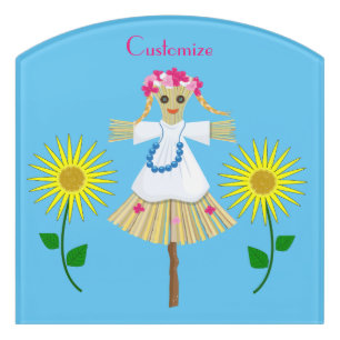Cute Blonde Pigtails Scarecrow Door Sign