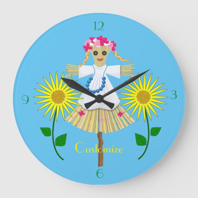 Cute Blonde Pigtails Scarecrow Large Clock (Front)