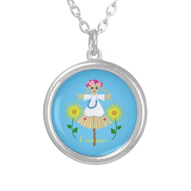Cute Blonde Pigtails Scarecrow Silver Plated Necklace (Front)