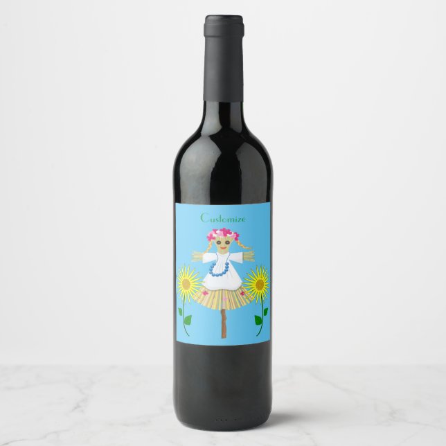 Cute Blonde Pigtails Scarecrow Wine Label (Front)
