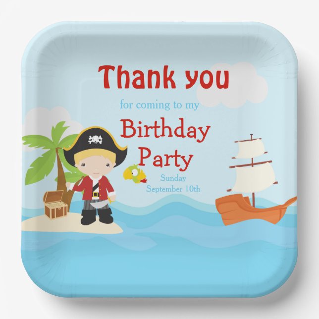 Cute Blonde Pirate Boy in Red Birthday Paper Plates (Front)
