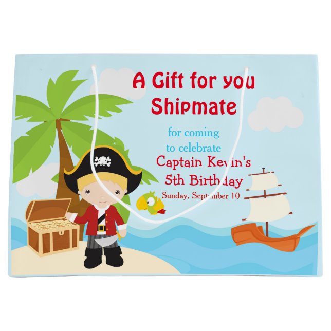 Cute Blonde Pirate Boy in Red Birthday Party Large Gift Bag (Front)