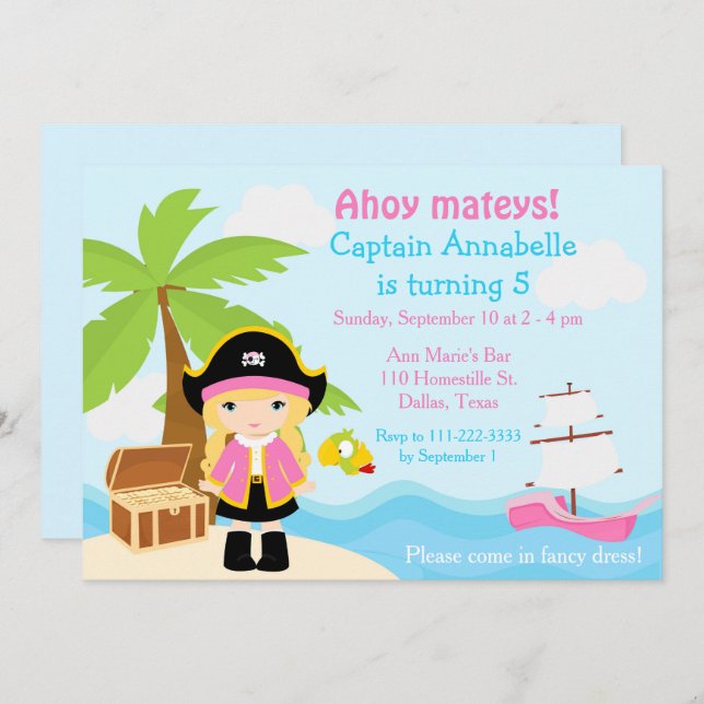 Cute Blonde Pirate Girl in Pink Birthday Party Invitation (Front/Back)