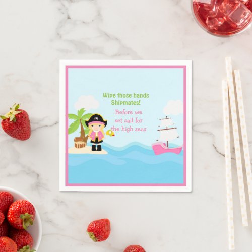 Cute Blonde Pirate Girl in Pink Birthday Party Napkins