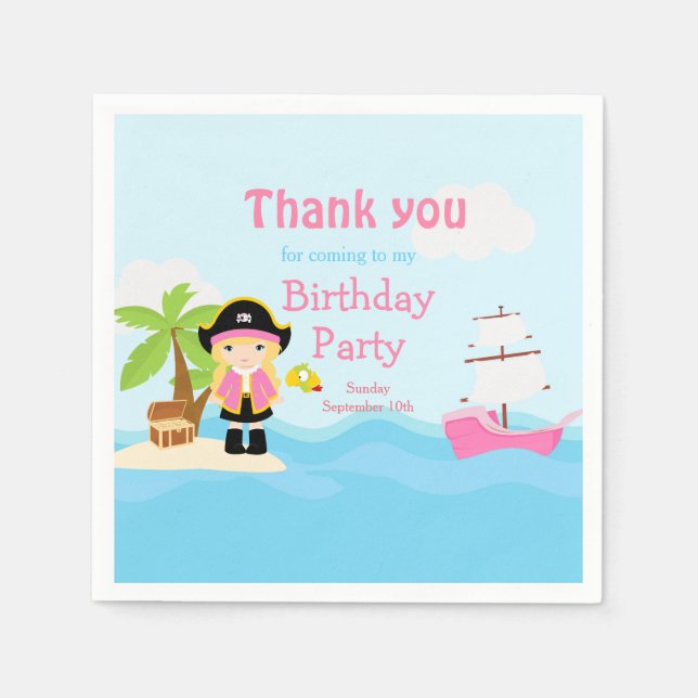 Cute Blonde Pirate Girl in Pink Birthday Party Napkins (Front)
