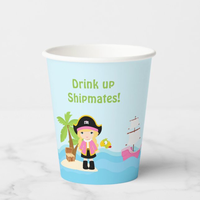 Cute Blonde Pirate Girl in Pink Birthday Party Paper Cups (Front)