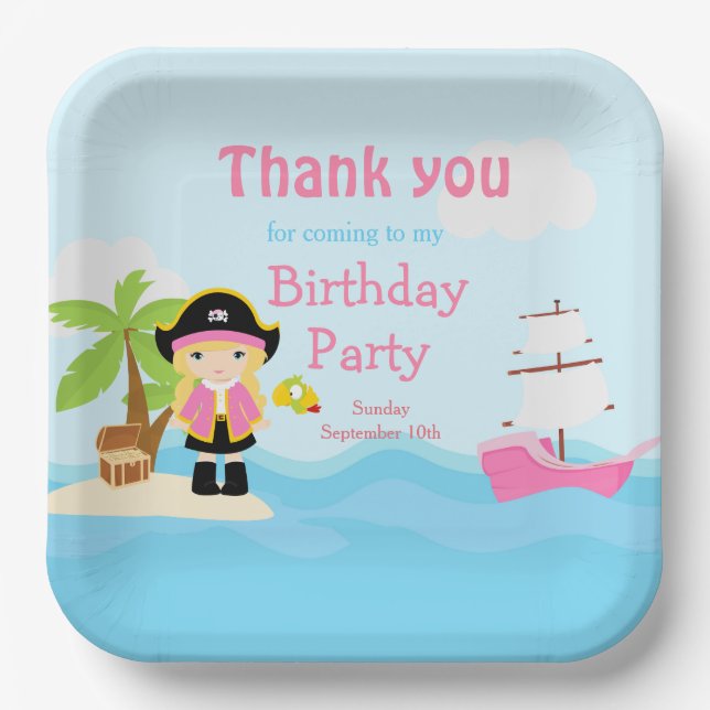 Cute Blonde Pirate Girl in Pink Birthday Party Paper Plates (Front)