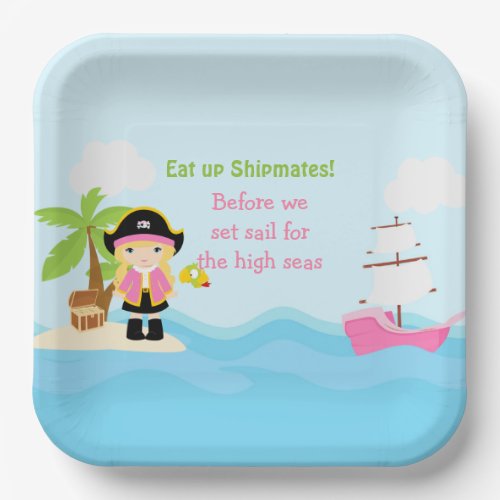 Cute Blonde Pirate Girl in Pink Birthday Party Paper Plates