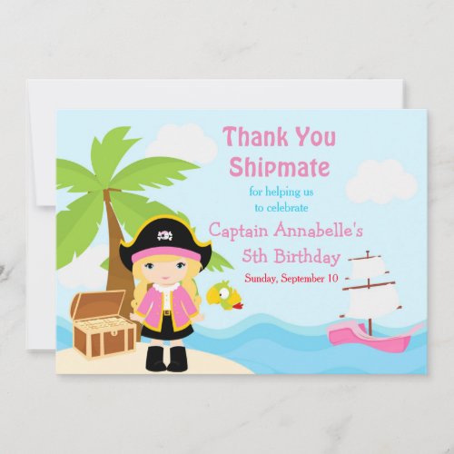 Cute Blonde Pirate Girl in Pink Birthday Party Thank You Card