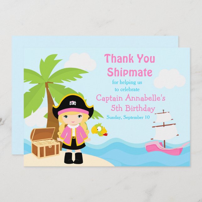 Cute Blonde Pirate Girl in Pink Birthday Party Thank You Card (Front/Back)