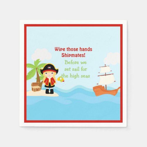 Cute Blonde Pirate Girl in Red Birthday Napkins