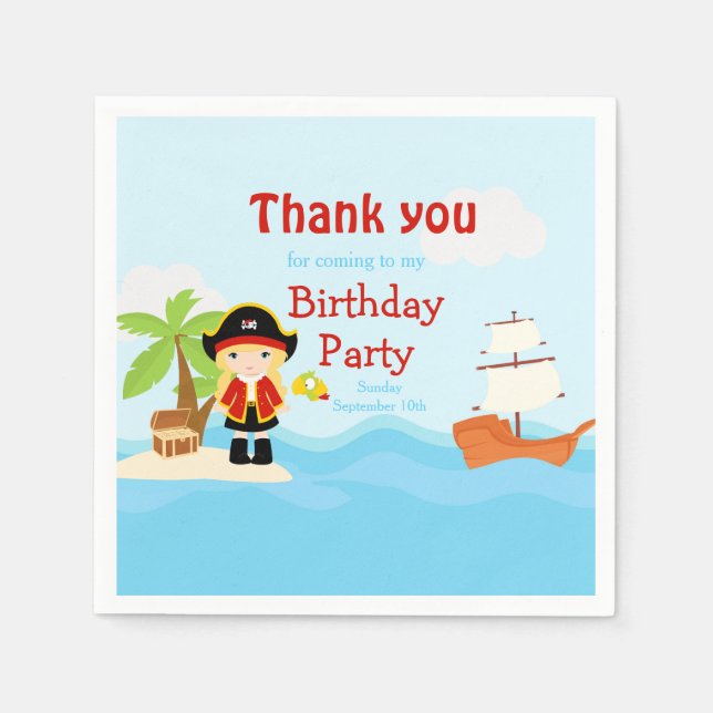 Cute Blonde Pirate Girl in Red Birthday Napkins (Front)