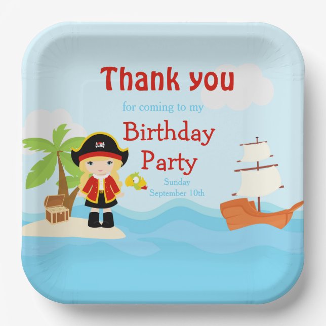 Cute Blonde Pirate Girl in Red Birthday Paper Plates (Front)