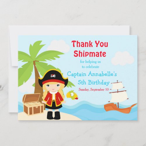 Cute Blonde Pirate Girl in Red Birthday Party Thank You Card