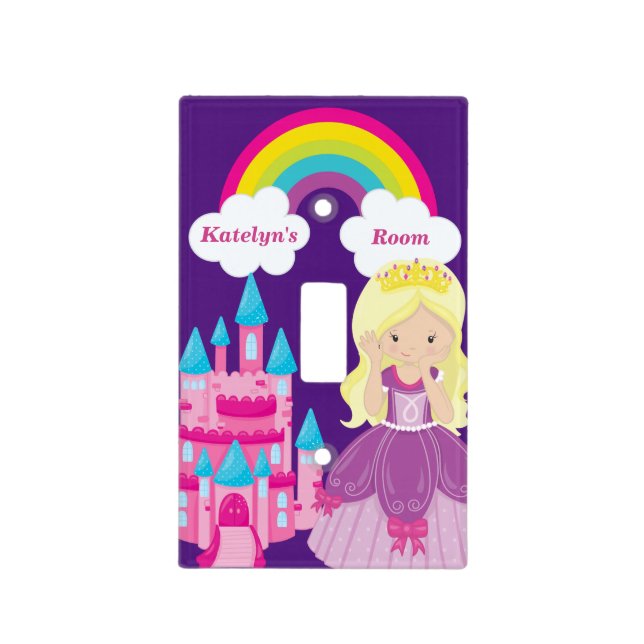 Cute Blonde Princess Girl Bedroom Purple Rainbow Light Switch Cover (Front)