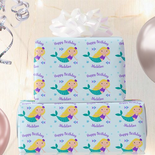 Cute Blonde Purple Mermaid Personalized Birthday Wrapping Paper