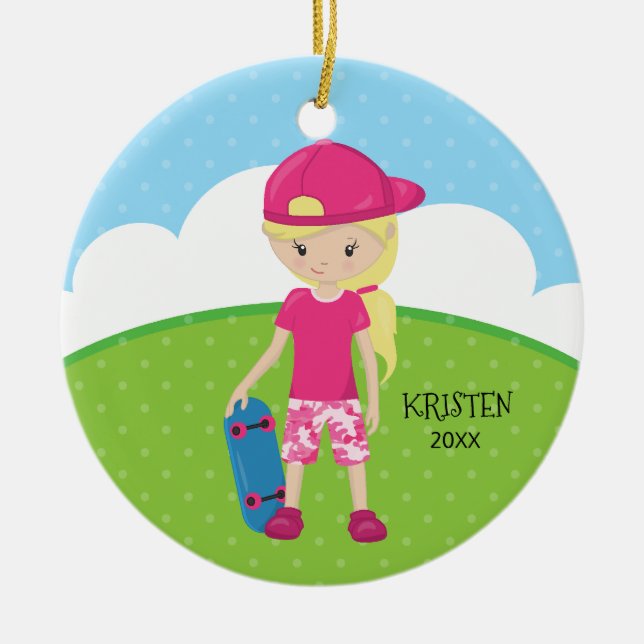 Cute Blonde Skateboard Girl Personalized Christmas Ceramic Ornament (Front)
