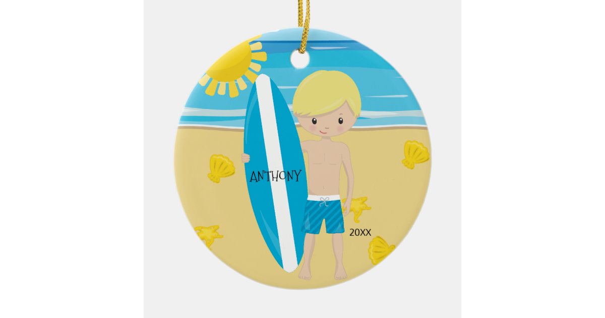 Cute Blonde Surfer Boy Personalized Christmas Ceramic Ornament Zazzle Com