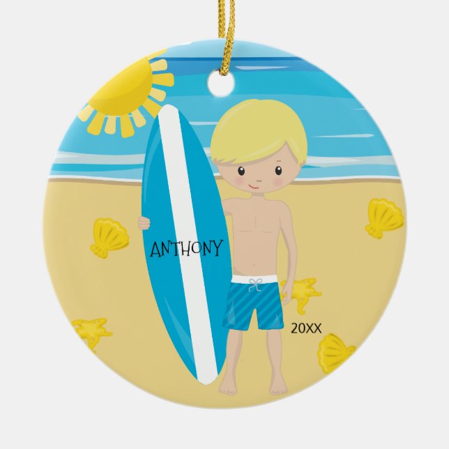 Cute Blonde Surfer Boy Personalized Christmas Ceramic Ornament (Front)