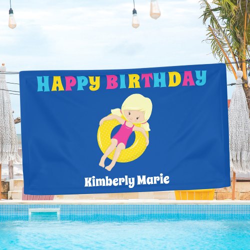 Cute Blonde Swim Girl Custom Pool Birthday Party Banner