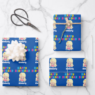 Cute Blonde Swimmer Girl Custom Kids Birthday Wrapping Paper Sheets