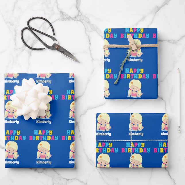 Cute Blonde Swimmer Girl Custom Kids Birthday Wrapping Paper Sheets (Front)