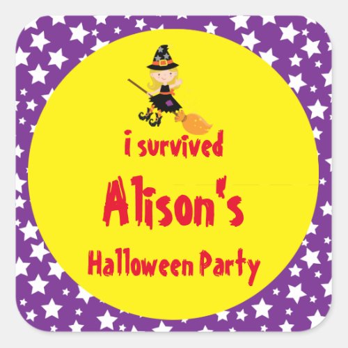 Cute Blonde Witch Halloween I Survived Square Sticker