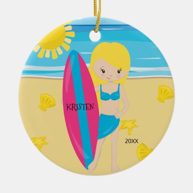 Cute BlondeSurfer Girl Personalized Christmas Ceramic Ornament (Front)