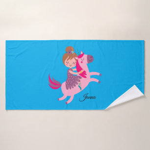 Cute Blondie Haired Girl Riding on a Unicorn Bath Towel