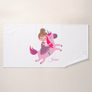 Cute Blondie Haired Girl Riding on a Unicorn Bath Towel