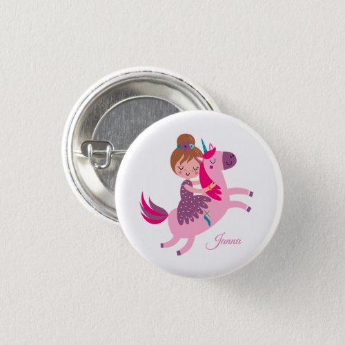Cute Blondie Haired Girl Riding on a Unicorn Button