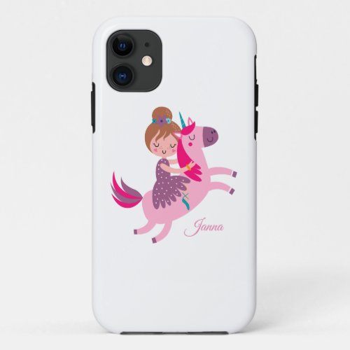 Cute Blondie Haired Girl Riding on a Unicorn iPhone 11 Case