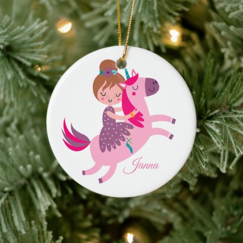 Cute Blondie Haired Girl Riding on a Unicorn Ceramic Ornament