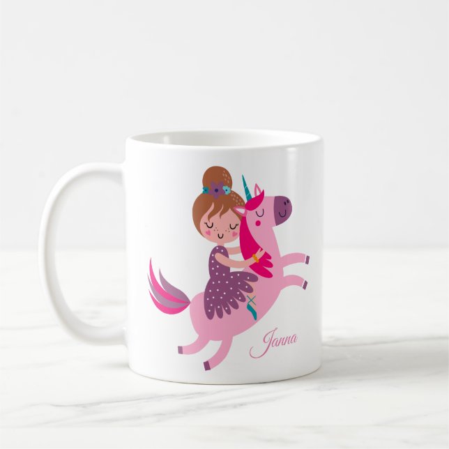 Cute Blondie Haired Girl Riding on a Unicorn Coffee Mug (Left)