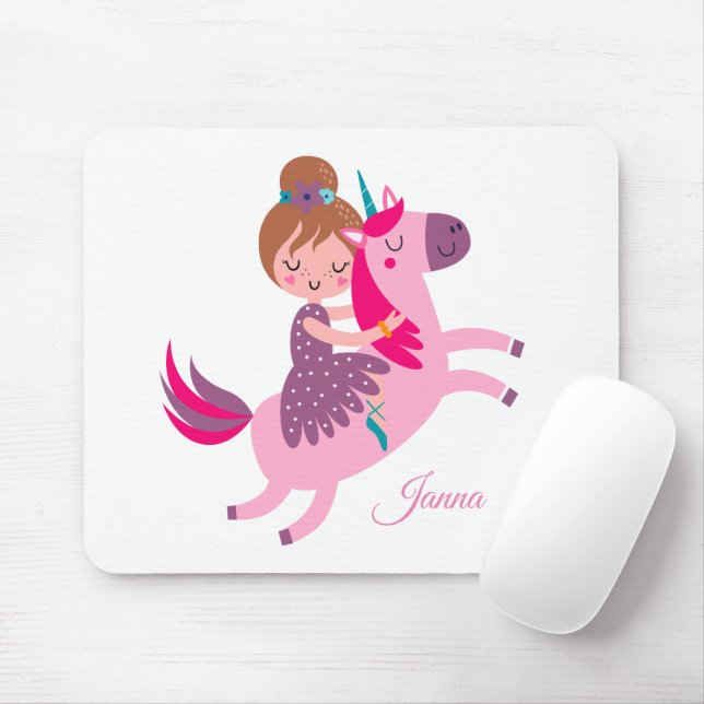 Cute Blondie Haired Girl Riding on a Unicorn Mouse Pad (With Mouse)