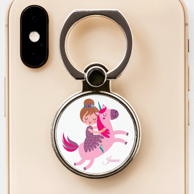 Cute Blondie Haired Girl Riding on a Unicorn Phone Ring Stand (Close Up)