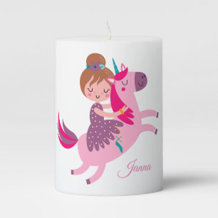 Cute Blondie Haired Girl Riding on a Unicorn Pillar Candle