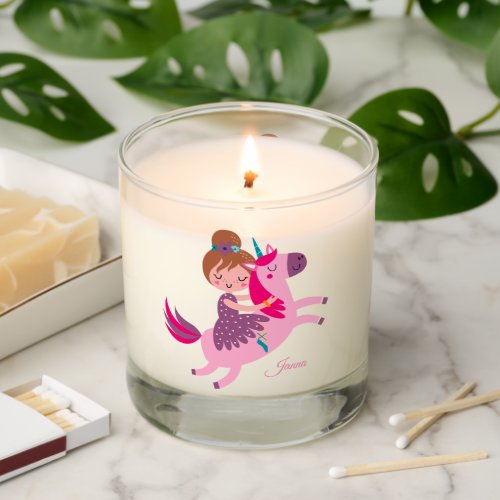 Cute Blondie Haired Girl Riding on a Unicorn Scented Candle