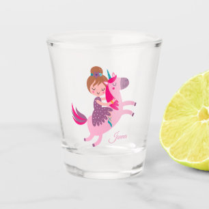 Cute Blondie Haired Girl Riding on a Unicorn Shot Glass