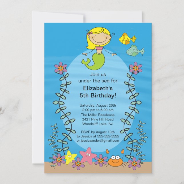 Cute Blone Mermaid Birthday Invitation (Front)