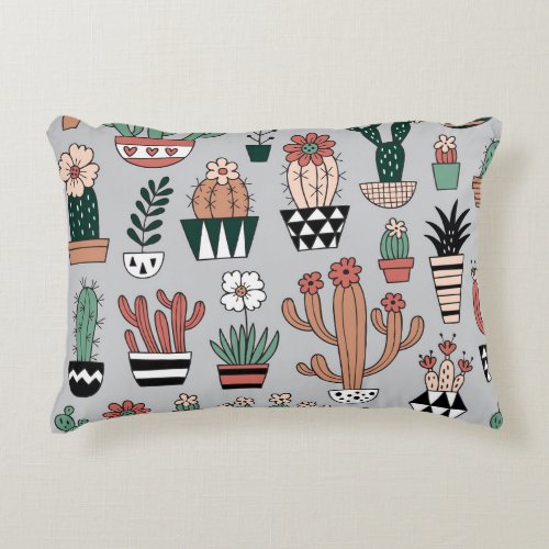 Cute Blooming Cactuses Hand_Drawn Pattern Accent Pillow