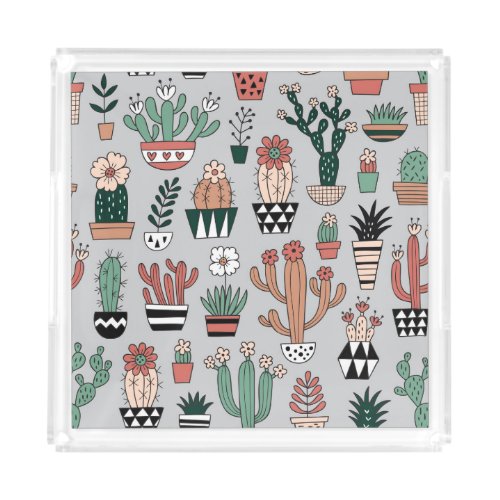 Cute Blooming Cactuses Hand_Drawn Pattern Acrylic Tray