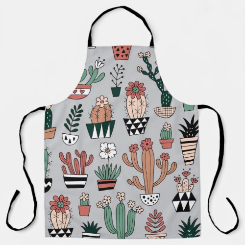 Cute Blooming Cactuses Hand_Drawn Pattern Apron