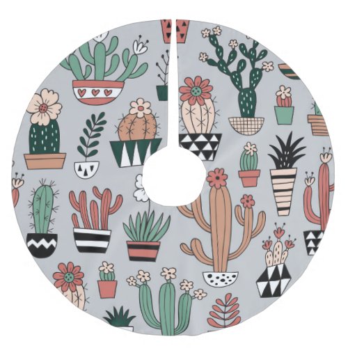 Cute Blooming Cactuses Hand_Drawn Pattern Brushed Polyester Tree Skirt
