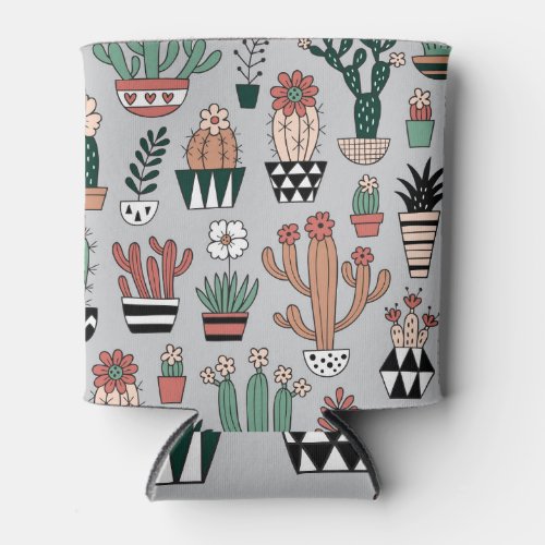 Cute Blooming Cactuses Hand_Drawn Pattern Can Cooler